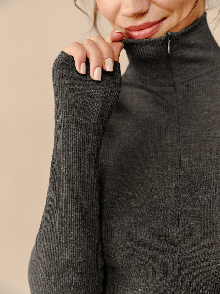 Turtleneck Ribbed Zipper T-Shirt