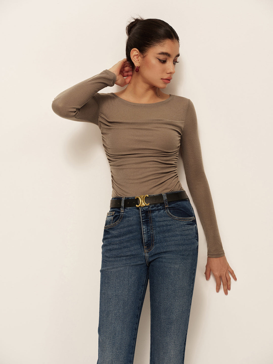 Semi-Sheer Long Sleeve Pleated Slim Panel T-Shirt