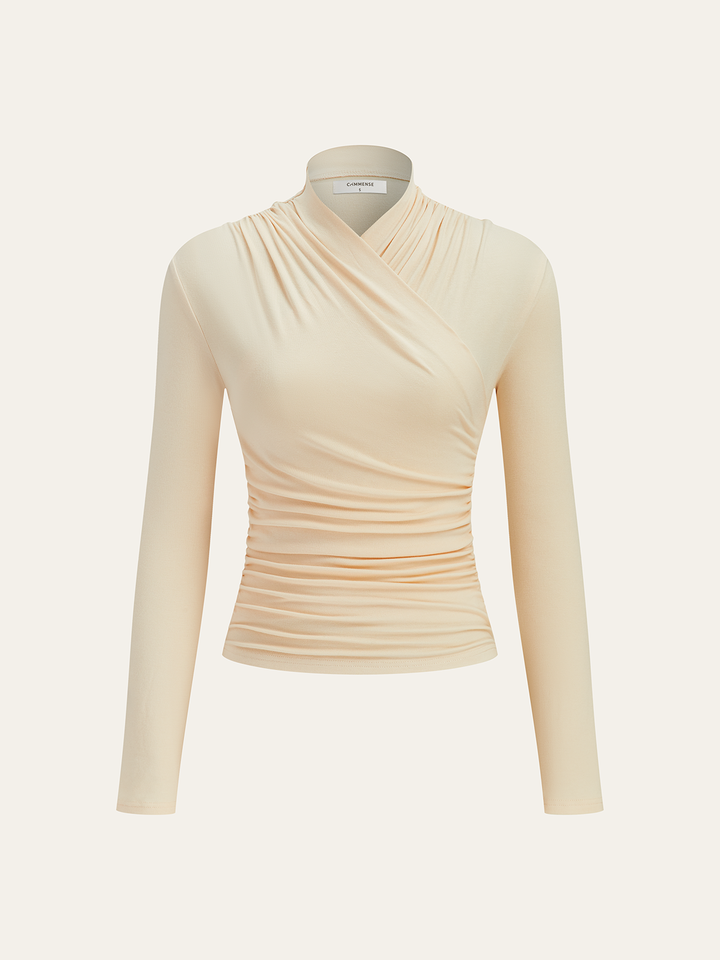 Cross-Over Collar Pleated Cinched T-Shirt