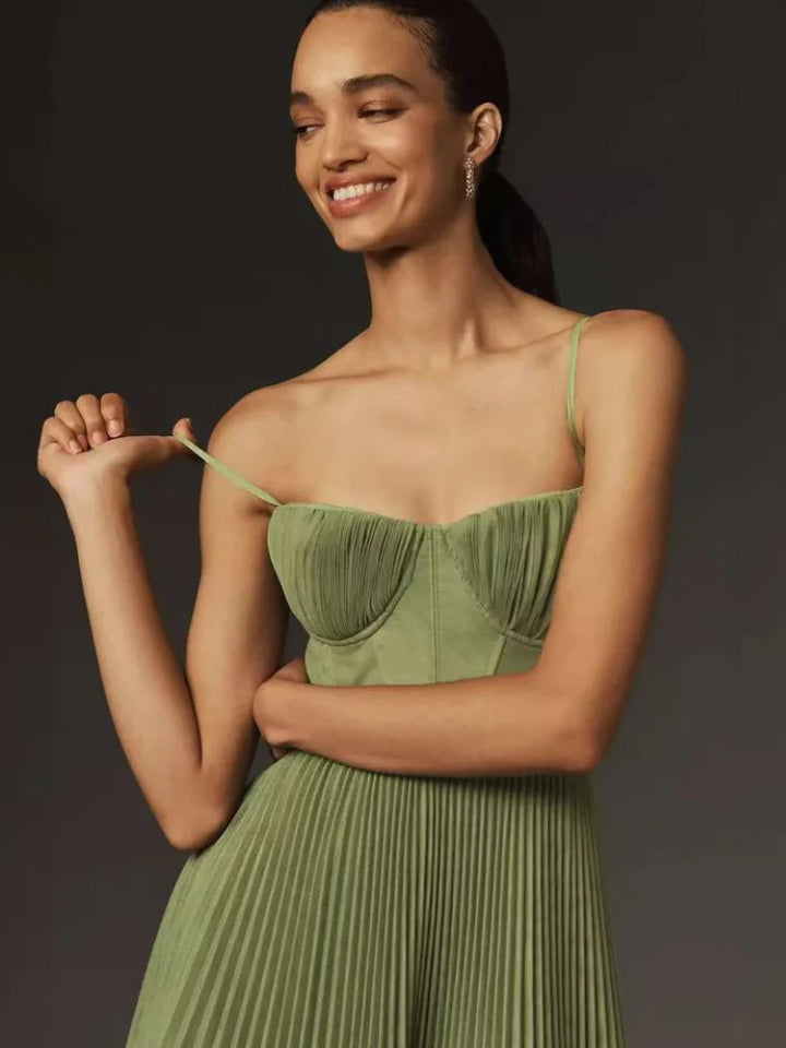 Mattea™ | Pleated Olive Midi Dress