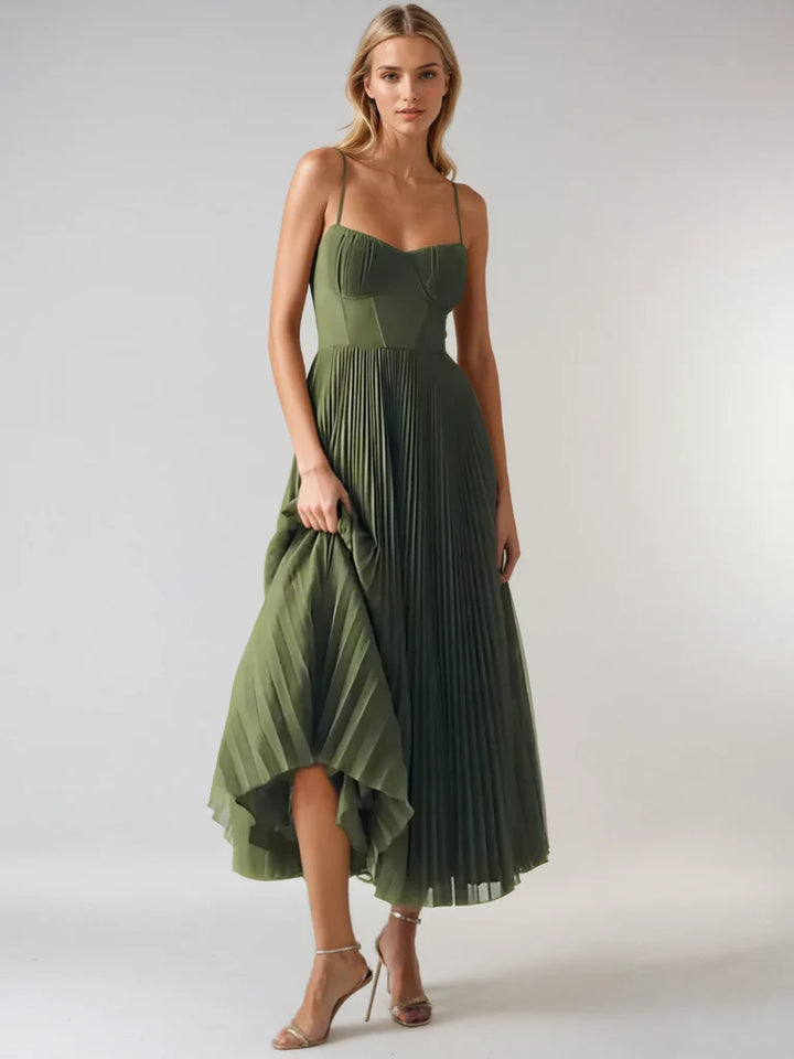 Mattea™ | Pleated Olive Midi Dress