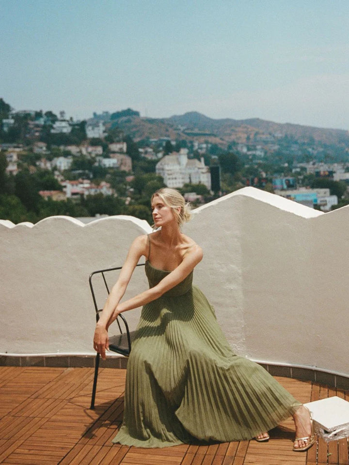 Mattea™ | Pleated Olive Midi Dress