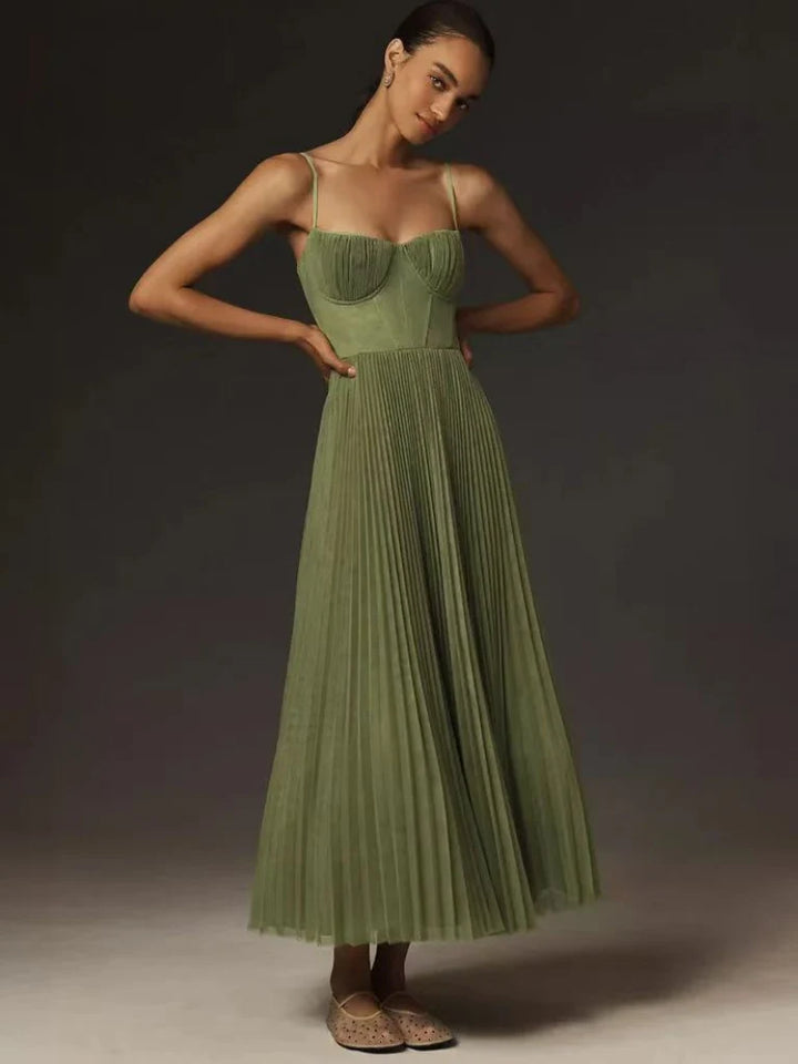 Mattea™ | Pleated Olive Midi Dress